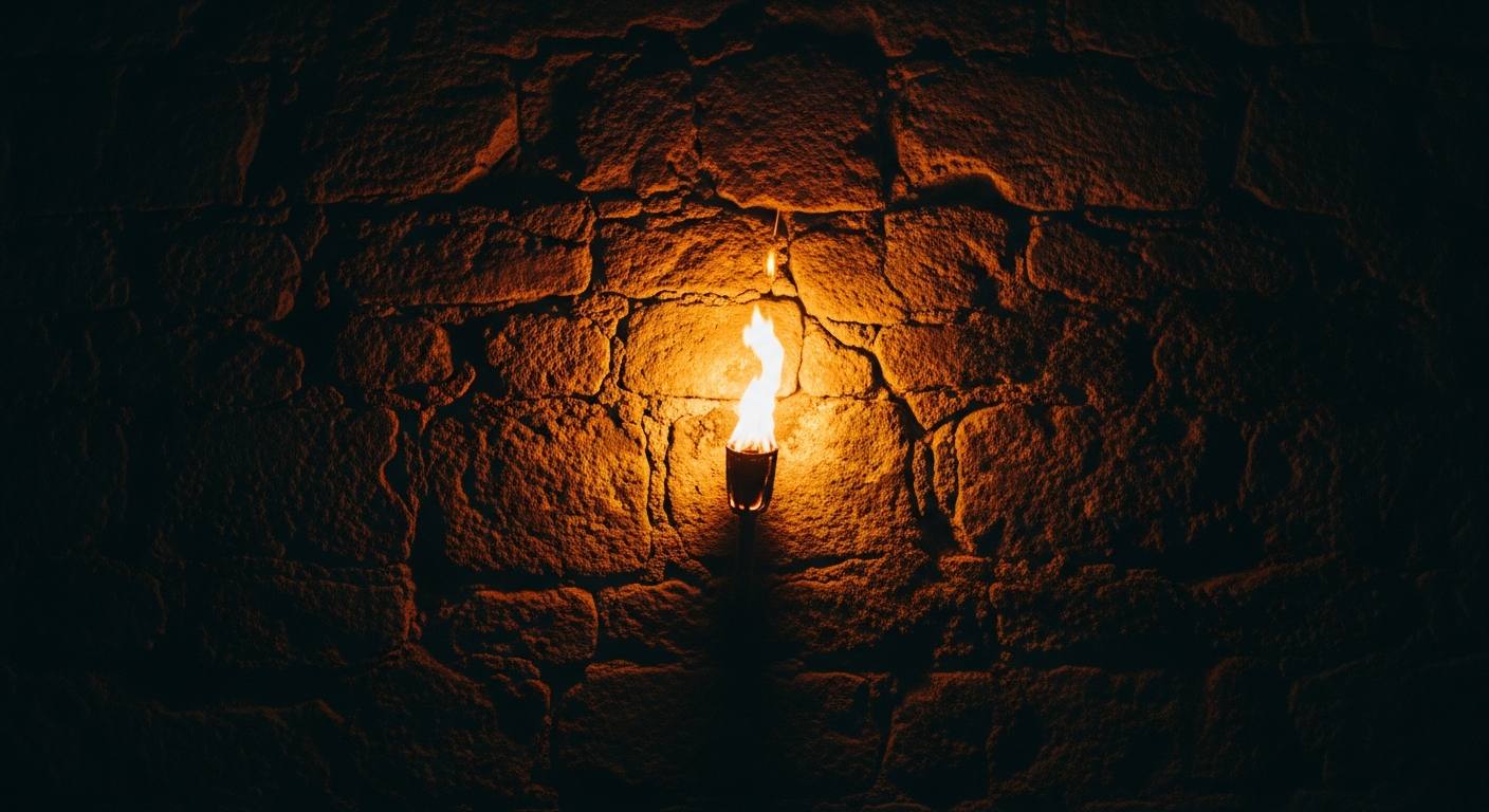 Torchlight on weathered stone.